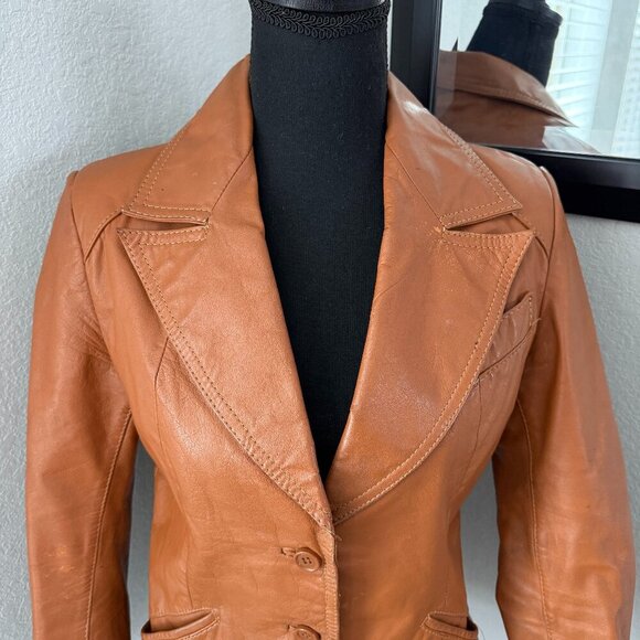 VINTAGE 70s Casual Corner Cognac Brown Leather Jacket XS/S - Picture 3 of 16
